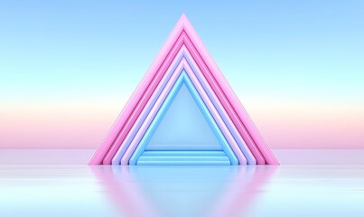 Abstract geometric composition with layered triangles in pink and blue colors, creating a serene atmosphere with a smooth reflective surface.