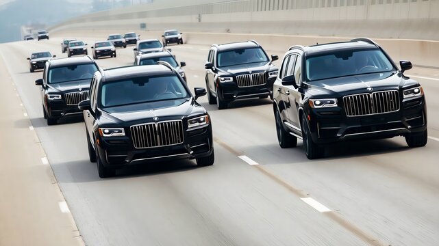 A convoy of black luxury SUVs driving in formation on a smooth highway, showcasing power, security, and sophistication.
