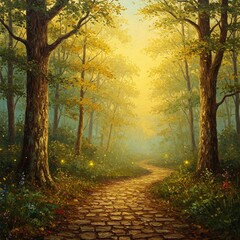 enchanted forest path with golden light