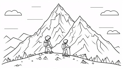 A simple black and white mountain-themed coloring page for kids, featuring scenic and easy designs.

