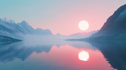 A serene landscape depicting mountains and their reflection in water