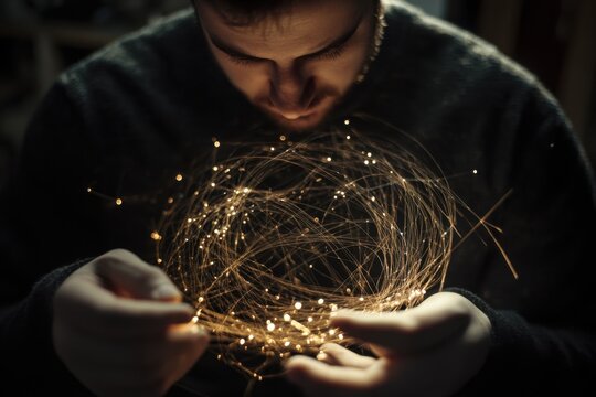 String theory cosmic pattern with soft ambient lighting and negative space below