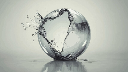 A grayscale image depicting a transparent glass sphere partially filled with water.  The sphere is fractured, with water splashing outwards in a dynamic motion.  Small droplets are visible in the