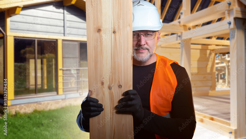 Poster man builder with board in hand. construction of wooden house. erection building using frame technolo
