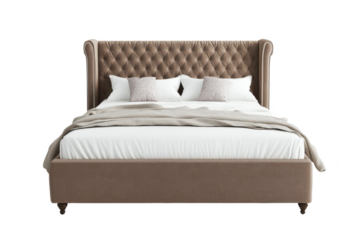 3D King-Size Bed with Tufted Headboard Isolated on White Transparent Background