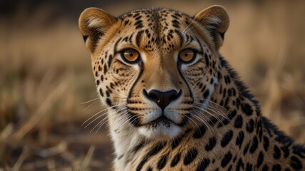 Obraz premium A spotted feline gazes intently. It blends into warm brown grass behind