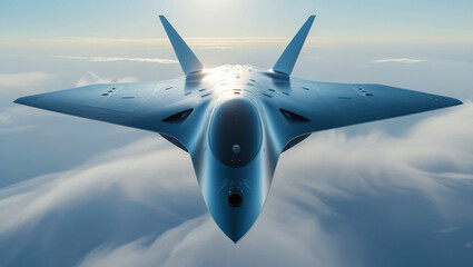 Aerial View of Next-Generation Stealth Aircraft with Clouds Below and No Vertical Tail