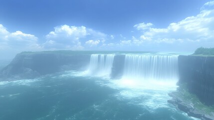 A scenic illustration of a large cascading waterfall and the clouds