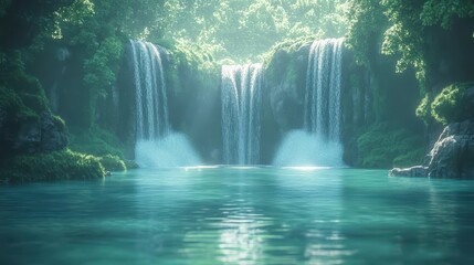 A serene landscape with a lush waterfall and a calm lake