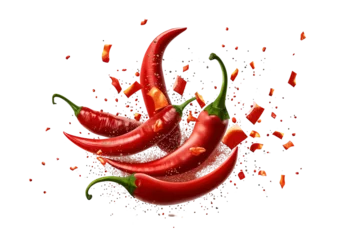  Falling bursting chili peppers on transparent background, Cutout. © Ruby