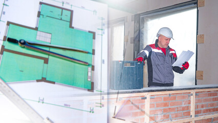 Architectural plans near man builder. Construction company worker holds papers. Room-by-room...