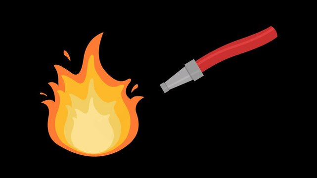 video animation water hose putting out fire flame, on a transparent background with alpha channel set to zero
