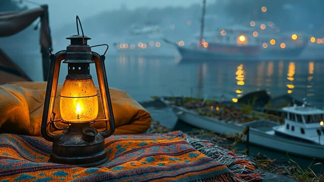 Rustic oil lantern glowing on patterned textile near water with blurred boats and soft evening lights, ideal for travel blogs, nostalgia, cozy settings, or peaceful reflection in orange and teal palet