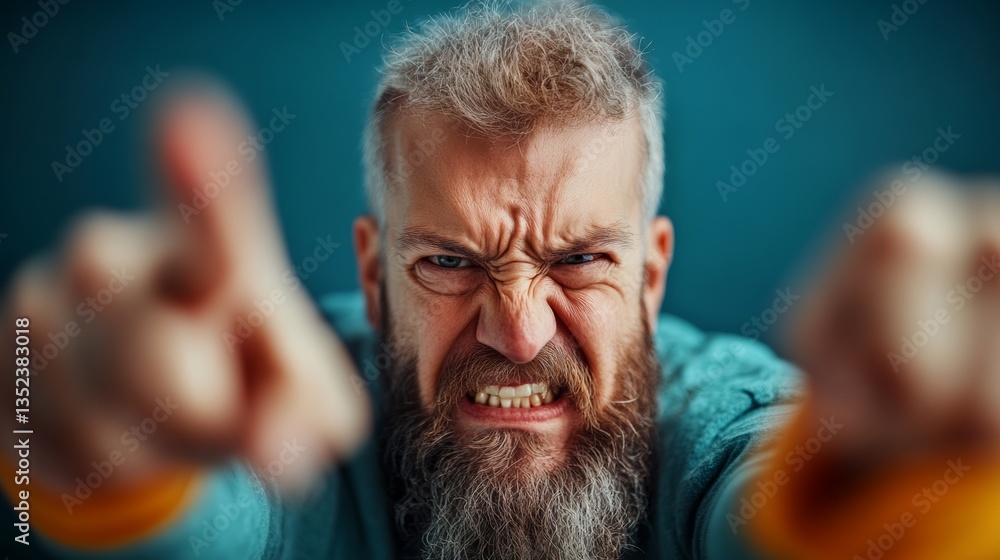 Poster man with a beard and angry expression pointing his finger