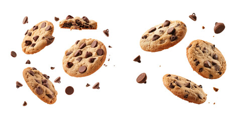 Chocolate chip cookies on transparent background. PNG format. 