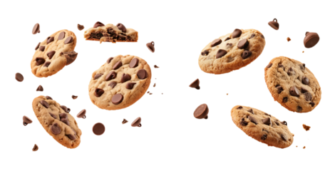Chocolate chip cookies on transparent background. PNG format. 