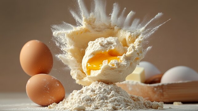 Bowl of flour with a broken egg yolk in it - Powered by Adobe