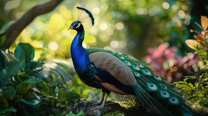 Obraz premium a beautiful peacock standing on a rock in a forest 