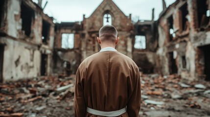 Naklejka premium A monk stands in a decaying structure steeped in history, reflecting on the interplay between spirituality and decay in a world ravaged by conflict.