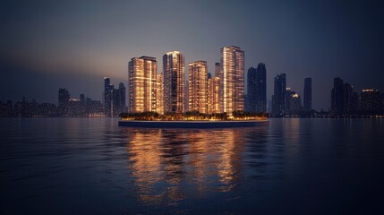 Fototapeta premium Illuminated skyscrapers reflect on calm water during the dusk hours