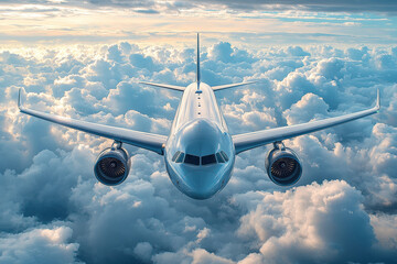commercial airplane flying above dramatic clouds with dynamic and serene atmosphere