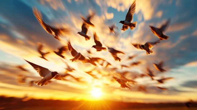 A breathtaking scene capturing a flock of birds soaring against a vibrant sunset, symbolizing freedom and the beauty of nature in full flight. Perfect for uplifting designs.