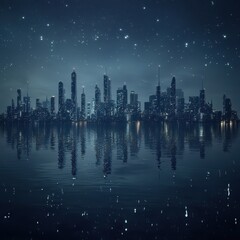 Fototapeta premium A futuristic cityscape reflects on water under a starry night sky