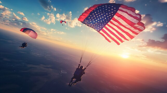 Patriotic Parachutists soar high into the beautiful sunset sky view