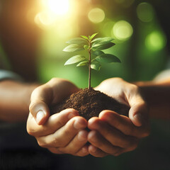 Hands holding a small growing plant with care