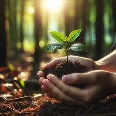 Hands holding a small growing plant with care