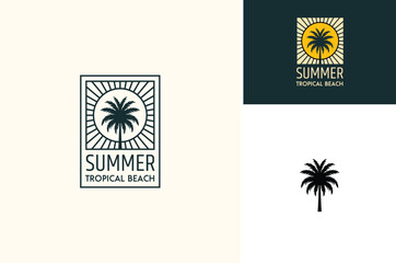 Palm Coconut Tree with Sun Rays for Asian Tropical Beach or Miami Florida Resort logo design