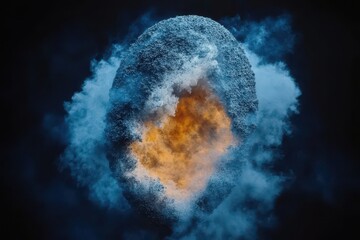 An abstract sphere shaped object with smoke and bright colors