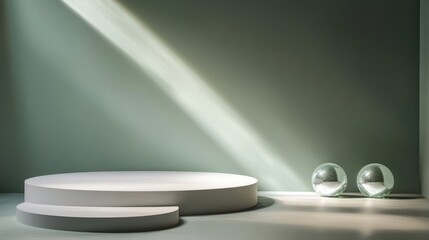 Minimalist, light-filled, round podium display; backdrop