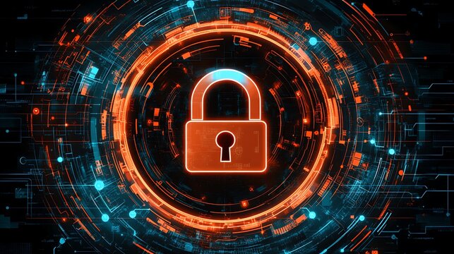 Glowing orange padlock symbol represents digital cybersecurity protection visually
