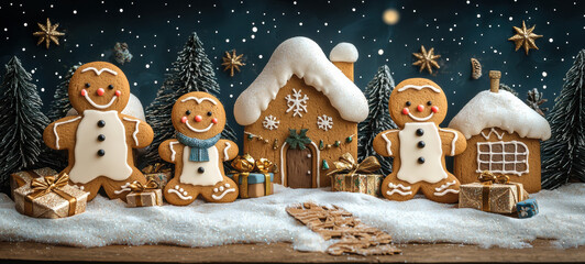 Cute gingerbread family celebrating Christmas in snowy village with warm lights and festive decorations