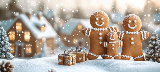 cheerful gingerbread family stands on snowy ground with gift boxes, surrounded by festive village and falling snow