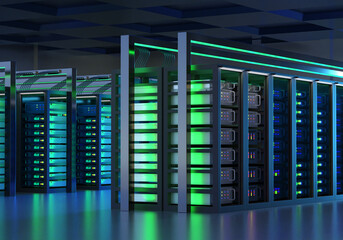 Modern data center filled with illuminated server racks and network cables, showcasing powerful...