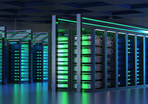 Modern data center filled with illuminated server racks and network cables, showcasing powerful computing infrastructure used for data storage, cloud services, and IT operations 3d image - Powered by Adobe