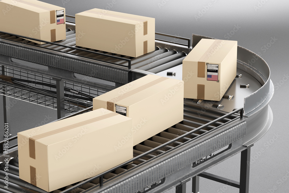 Poster cardboard boxes with shipping labels move along a curved conveyor belt in a logistics facility, repr