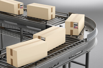 Cardboard boxes with shipping labels move along a curved conveyor belt in a logistics facility, representing automated packaging, sorting, and distribution processes 3d image