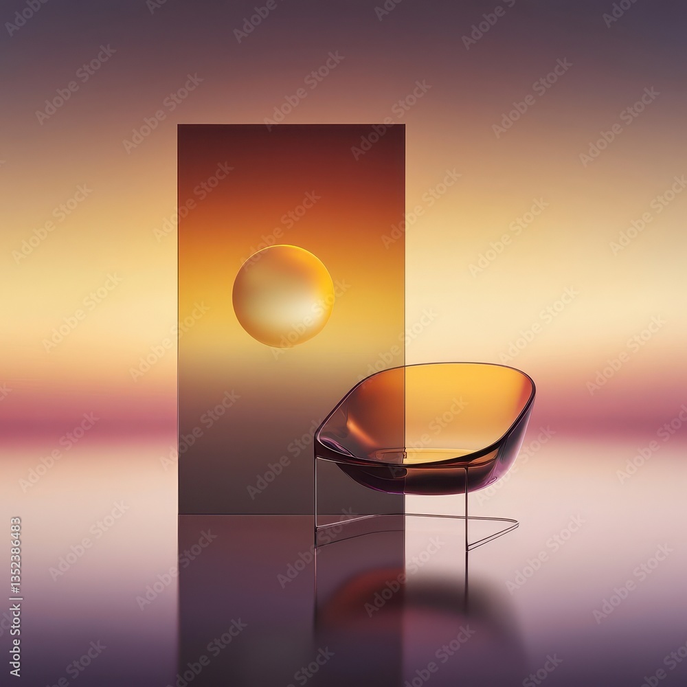 Poster a modern translucent chair with a gradient backdrop and sphere