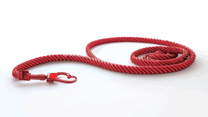 Naklejka premium Close-up shot of a red braided lanyard with a plastic clip. The lanyard is lying on a white background, forming a gentle curve. The braiding is visible and appears to be made of a synthetic