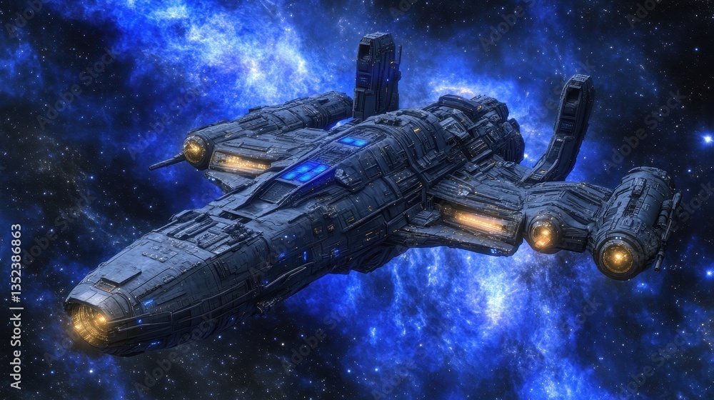Poster a large futuristic spaceship traverses the vastness of outer space