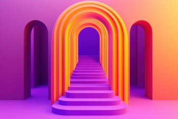 Colorful arched stairway leads to a mysterious purple portal