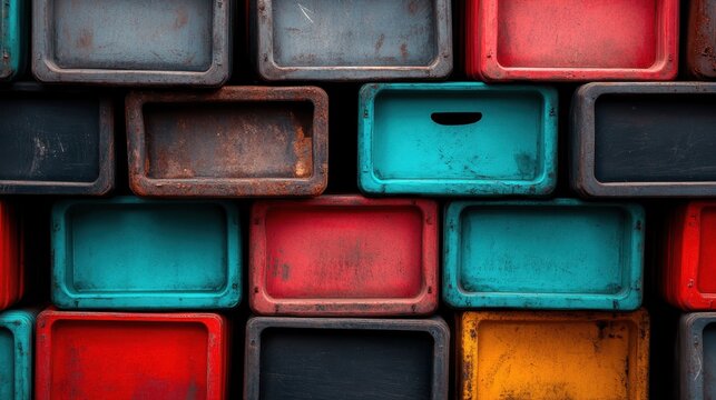 A visually captivating scene of aged, colorful crates displaying worn textures and unique character, blending vintage charm with modern artistic appeal for creative design.