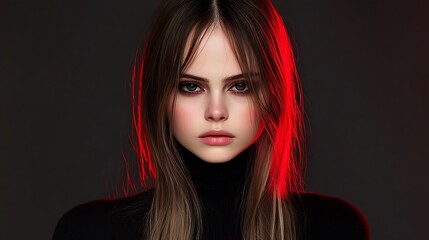 Portrait of a young woman with long hair and red illumination