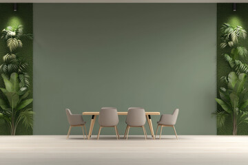 Modern eco friendly conference room with green walls, sustainable bamboo table, and indoor plants for natural ambiance