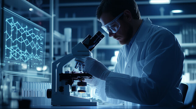 A forensic scientist analyzing evidence in a crime lab, wearing gloves and safety glasses, using a microscope and chemical reagents