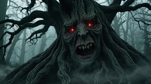 Supernatural tree creature with glowing red eyes emerging from misty forest landscape, displaying menacing facial features with sharp teeth and twisted bark-like texture