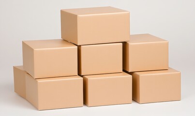 Fototapeta premium Stack of six plain beige boxes arranged creatively on a light backdrop, ideal for product display, packaging, or shipping concepts in various projects
